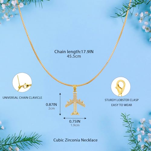 Gold Cross Necklace for Women, 18K Gold Plated Airplane Shape Cubic Zirconia Aviation Pendant, Hypoallergenic Jewelry, Dainty Gift for Travel Lovers2
