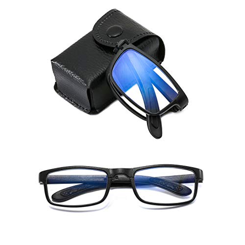 Suertree Gafas de lectura plegables con filtro de luz azul TR90, aspecto de ojos, portátil, antiazul, ayuda para la lectura para mujer y hombre, con funda de poliuretano