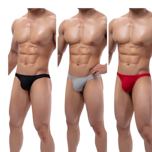 SOOMOOD Men's Sexy Breathable Hollow-out Thong Low Waist Ice Silk Underwear 3 Pack