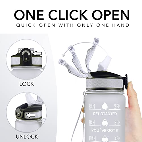 Image of HYETA 32 OZ Water Bottle with Times to Drink and Straw, Motivational Timed Marker Water Bottles with Strap, Leakproof & BPA Free, 1 Liter Reusable Sports Water Bottle for Fitness, Gym & Outdoors, Gray-Black