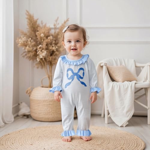 Seyurigaoka Newborn Baby Girl Fall Clothes Bow Striped Smocked Romper Long Sleeve Ruffle One Piece Going Home Outfits2