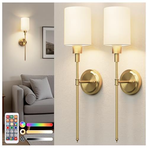 Image of DORESshop Battery Operated Wall Sconce Set of 2, Wireless Wall Light Easy to Install, 7 Color Rechargeable Wall Sconces, Sconce Wall Decor Set of 2 for Bedroom, Living Room, Gold, 24.3in