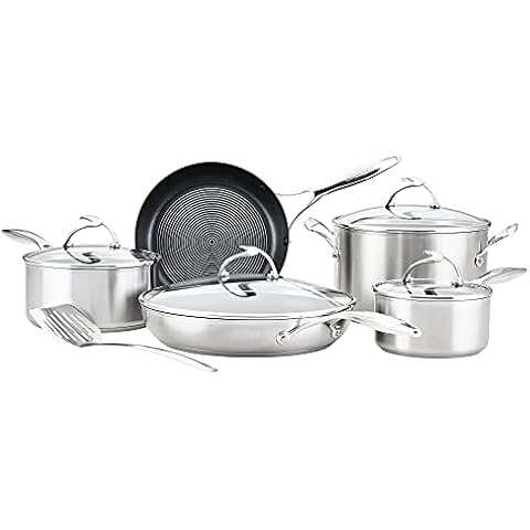 Circulon SteelShield Stainless Steel Pan Set of 5 - Induction Hob Pan Set with Hybrid Non Stick & Stay Cool Handles, Premium Cookware with Metal Slotted Turner Included Cover
