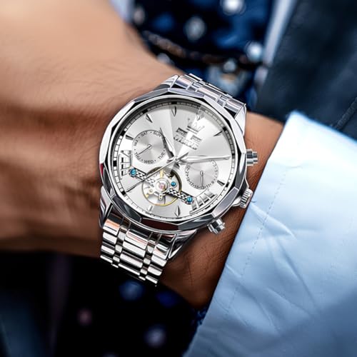 Image of OLEVS Automatic Self Winding Men's Wrist Watch Skeleton Stainless Steel Calendar Chronograph Waterproof Luminous Luxury Gift Branded Watch for Man