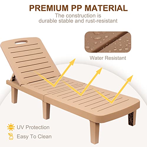 Sellerwe Outdoor Chaise Lounge Set Of 2, Waterproof Pp Lounge Chairs For Outside W/Adjustable 5 Positions & Cup Holder Sun Lounge Chair For Patio, Poolside, Beach, Yard In All Weather,Brown #TOP5