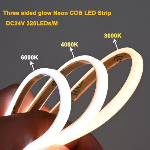 Image of TOPAI Ultra Thin Neon LED Strip Waterproof 3000K Warm White 24V, 5x3mm Triple Sided 180 Lighting, 16.4ft Self Adhesive, CRI>90 320 LED /m Dense Dotless, Flexible & Cuttable (Power Supply Not Included)