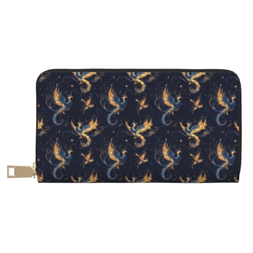 Leather Thin Slim Wallets for Women Men - Fashion Starry Sky Golden Phoenix Print Card Wallet Holder with Zipper