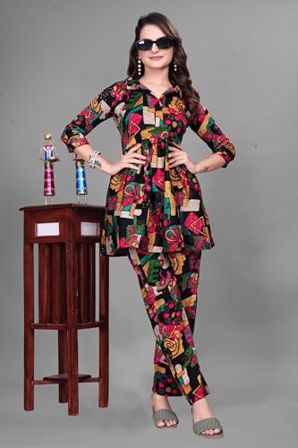Image of Women Crepe 3 /4 Sleeves V Neck Cord Set Featuring Floral Pattern Design 2 Piece Ethnic Wear Set
