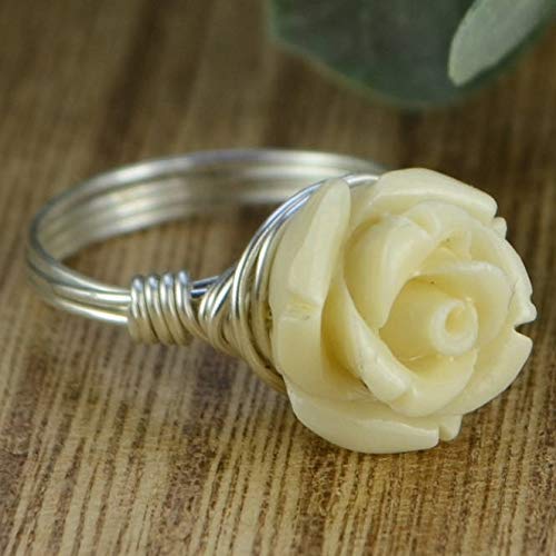 Cream Rose Flower Bead and Sterling Silver or Gold Filled Wire Wrapped Ring- Custom made to size 4-14
