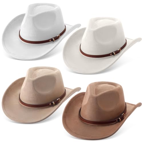 Chicingyou 4 Pcs Classic Western Cowboy Hat for Woman Men Felt Wide Brim Cowgirl Hats Women Belt Buckle Cap for Adults(White, Beige, Camel, Khaki)