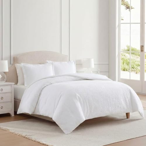 Image of Martha Stewart - King Comforter Set, Naturally Soft Cotton-Rich Jacquard Bedding w /Matching Pillowcases, Textured 3 Piece Bed Set (Garden Trellis White)