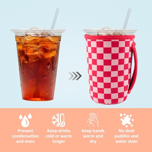 Image of KJQJLY 3 Pack Reusable Iced Coffee Sleeves for Iced Coffee Cups or Drinks Reusable Neoprene Insulated Sleeves for Hot and Cold Drinks from Starbucks, Dunkin, And More (Pink Grid)