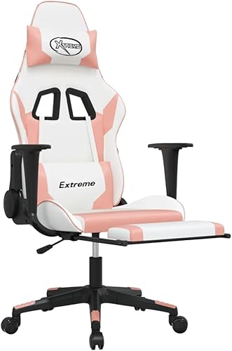 Miniatura 7 de Silla Gaming con reposapiés de piel sintética blanca y rosa