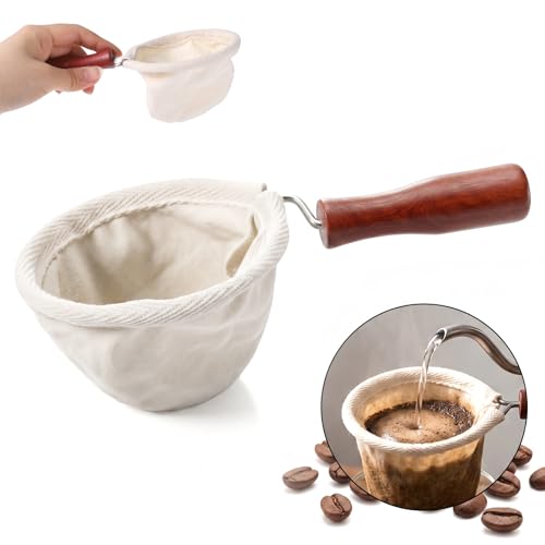 Flannel Cloth Coffee Strainer with Wooden Handle, Coffee Socks with Flannel Cloth Strainer Washable Reusable for Coffees Lover Home Office Use