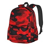 SUPLUCHOM School Backpack Military Camouflake Camo Red Black Casual Daypack Men Women Polyester Laptop Bag with Side Pockets Bookbag for Travel Hiking Work Student Over 3 Years Old Kids