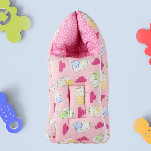 Image of VOIDROP Printed Pink 3 in 1 Baby Sleeping Bag & Carry Nest | Cotton Bedding Set for Infants & New Born Baby | Portable /Travel & Skin Friendly | 0-6 Months