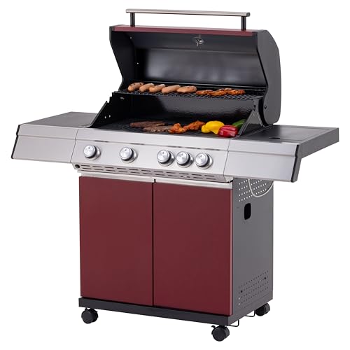 Tarrington House Barbacoa de 4 Quemadores + Quemador lateral Paxton, Superficie de Parrilla 41.5 x 71 cm, Mesa auxiliar, Móvil, Acero, Rojo