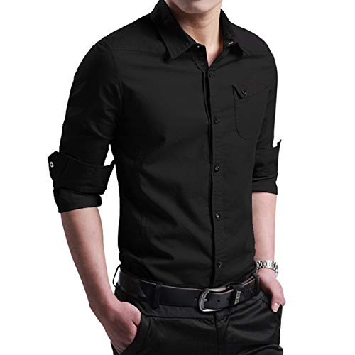 LOCALMODE Men's Military Slim Fit Dress Shirt Casual Long Sleeve Button Down Dress Shirts Black XL
