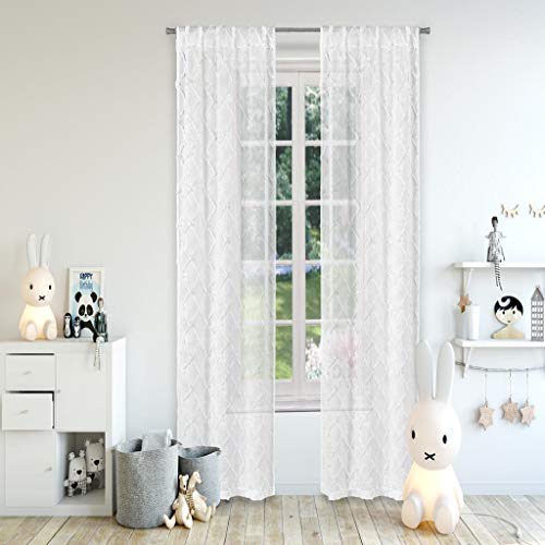 Lala + Bash - Lilly Semi-Sheer Printed Star Diamond Linen Textured Pole Top Window Curtains For Living Room & Bedroom - Assorted Colors - (38 X 96 Inch - White) #TOP5