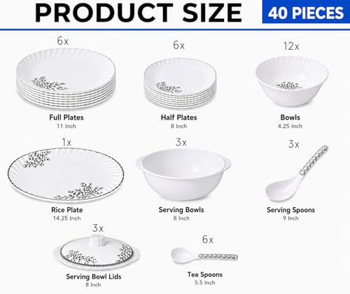 Image of Melvio By Malti 40 Pcs Dinner Set for Family Dining & Serving | Premium Melamine Crockery Set with Dinner Plates, Quarter Plates, Bowls, Serving Bowls, Rice Tray, Spoons & Lids | White Floral Design