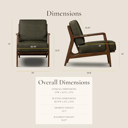 Image of Poly & Bark Verity Leather Accent Chair - Armchair with Walnut Wood Frame - Fashion-Forward Lounge Seating for Living Room - Upholstered in Olivine Green Leather for Modern Style