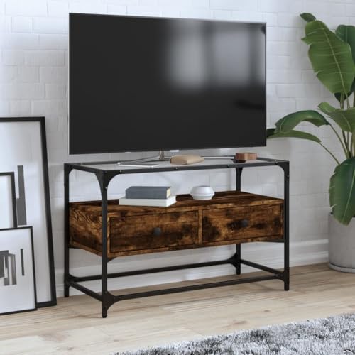 Mhdvray TV-Schrank Lowboard mit Glasplatte 80x35x51 cm Räuchereiche Holzwerkstoff Metallrahmen Modernes Design Fernsehtisch für Living Room, Bedroom und Office