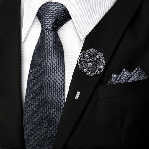 Image of DiBanGu Mens Zipper Tie Silk Pre-Tied Necktie with Gift Box | Jacquard Woven,Paisley Solid Plaid Pattern,6PCS with Pocket Square,Cufflinks and Lapel Pin,for Wedding Party Formal Business