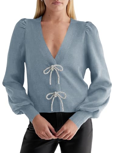 Image of Saodimallsu Womens Bow Button Front Cardigan Sweaters V Neck Cropped Knit Sweater