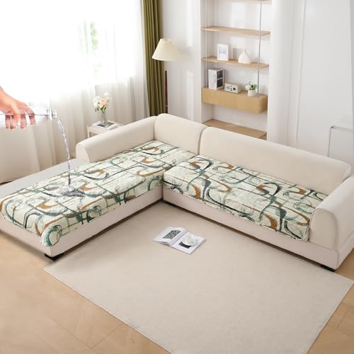 Image of HOKIPO 'Elira Series' Printed Water Repellent + Waterproof Quick Dry L Shape (3+3 Seater) Sofa Seat Cover Mat, Parchement Beige Abstract Art (AR-5249-C6*2)