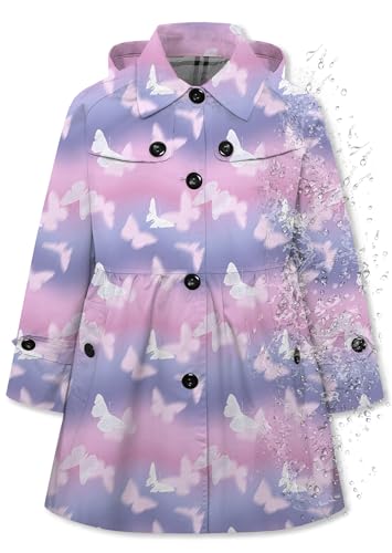 Image of Betusline Girls Rain Jackets Lightweight Waterproof Hooded Trench Coat Windbreaker Raincoats for Girls,Gradient Pink Purple Butterfly,4-5T = Tag 120