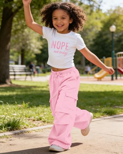 Image of Betusline Girls 2 Piece Outfits Short Sleeve Crop Top & Parachute Cargo Pants Set,4T-14 Years