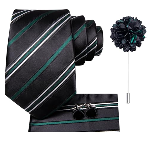 Image of Hi-Tie Striped Black Dark Green Ties Woven Formal Men Necktie Lapel Pin Pocket Square Cufflinks Sets Formal Business Wedding