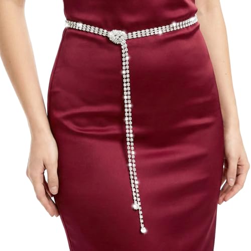 Ajcotahm Silver Waist Belt, Women Rhinestone Crystal Chain Belt, Adjustable Sequin Sparkly Waist Accessory Bridal Thin Belts for Women Wedding Party Dress