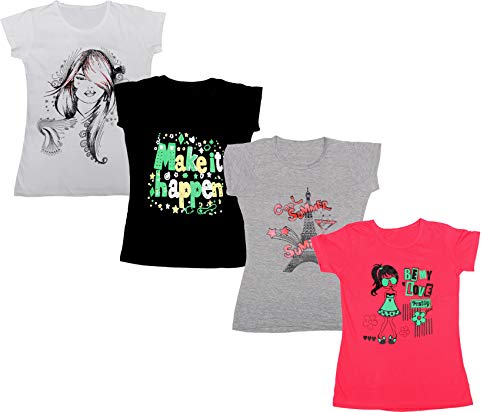 Image of indi weaves Girls Pure Cotton Chest Printed Half Sleeves Round Neck T-Shirts (Pack of 4)