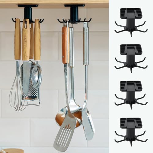 TIE-DailyNec 4 PCS Under Cabinet Kitchen Utensil Hooks 360° Rotation Adhesive Nail Free Hanging Rack for Kitchen Utensils, Tools, Towel, Knife (Black)