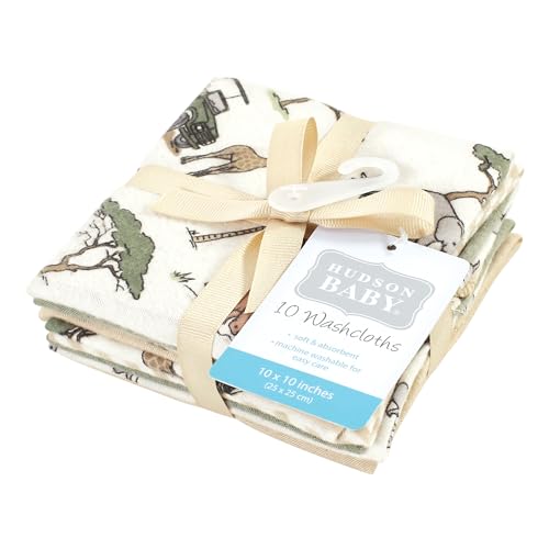 Image of Hudson Baby Unisex Baby Flannel Cotton Poly Washcloths, Going On Safari 10Pk, One Size