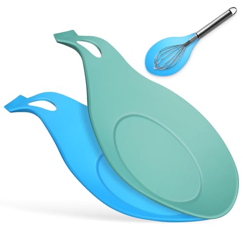 EXQUIMEUBLE 2個 シリコン製耐熱スプーンレスト 柔軟で滑りにくい調理器具置き 北欧グリーン ブルー キッチン用おたまスプーンホルダー