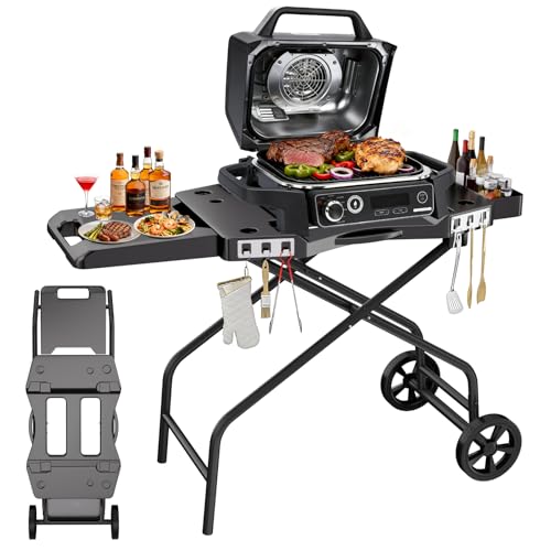 Support de barbecue pour Ninja OG701, Traeger Ranger, Pit Boss, Blackstone – Chariot de barbecue d'extérieur pliable avec étagère de table latérale, crochets et roues