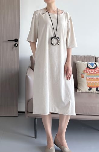 Image of Minibee Women's Summer Casual Midi Dresses Cotton Linen Short Sleeve Flowy A-Line Dresses with Pockets