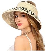 LA CARRIE Wide Brim UV Protection Sun Hats for Women with Leopard Trim Straw Roll Up Beach Visor ...