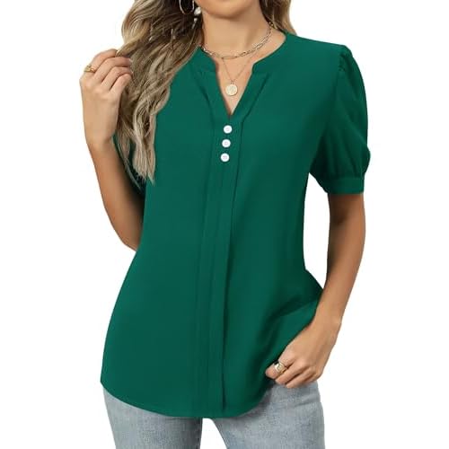 Kistore Women's Short Sleeve Tops Dressy Casual Business Work Blouses V Neck Chiffon Top Office Shirts Small A Dark Green