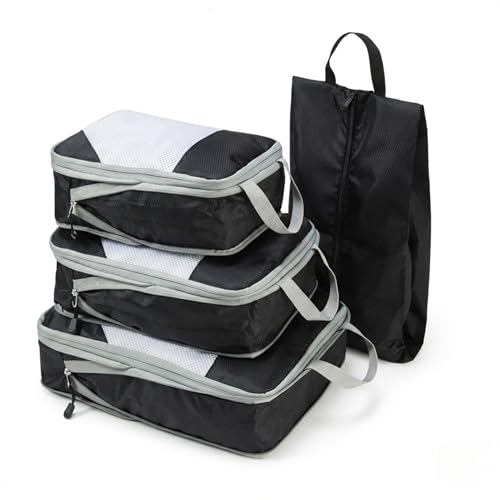 Image of 4 in 1 Waterproof Compression Packing Cubes Set - Lightweight Durable Polyester Travel Clothes Organizer Bags, Washable Luggage Packing Organizers (Black)