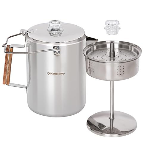 Image of KingCamp Percolator Coffee Pot,304 Stainless Steel,Large Capacity,12 Cup | No Aluminum or Plastic,Wood Handle,Campfire Coffee Boiler Kettle for Outdoor Camping Cookware,Cabin,Backpacking