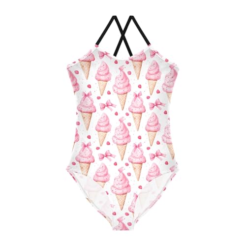 Pink Ice Cream Bow Pattern Girls Swimsuit One Piece Bathing Suit Beach Swimwear with Adjustable Straps 3-10Years