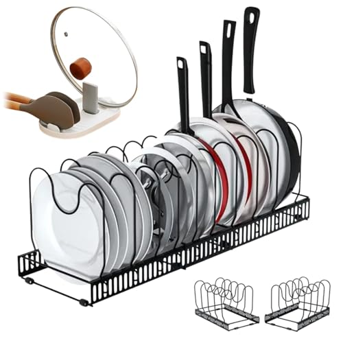 Imagen de ELISPACES Organizador de Sartenes y Ollas Extensible con 10 Separadores + Soporte para Tapa y Espátulas Soporte Ajustable para Ordenar Tapas