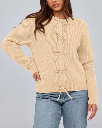 BTFBM Bow Cropped Cardigan Sweaters for Women 2026 Fall Winter Open Front Sweater Long Sleeve Button Fashion Spring Clothes(Beige, Medium) — view 3