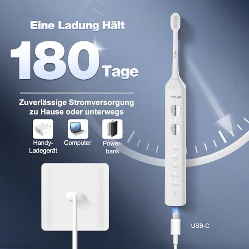 Elektrische Zahnbürste, Schallzahnbürste, Leise Zahnbürste Elektrisch Mit 3 Intensitäten 5 Modi, 40000VPM, IPX7, Zahnbürste Mit 180 Tagen Akkulaufzeit Und Timer, Weiß 3