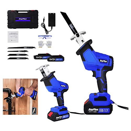 Sierra Sable Inalámbrica, 21V Sierra compacta con 2 x 1.5Ah Batería y cargador, 4 hojas de sierra, velocidad variable 0-1900RPM, cambio de hoja sin herramientas