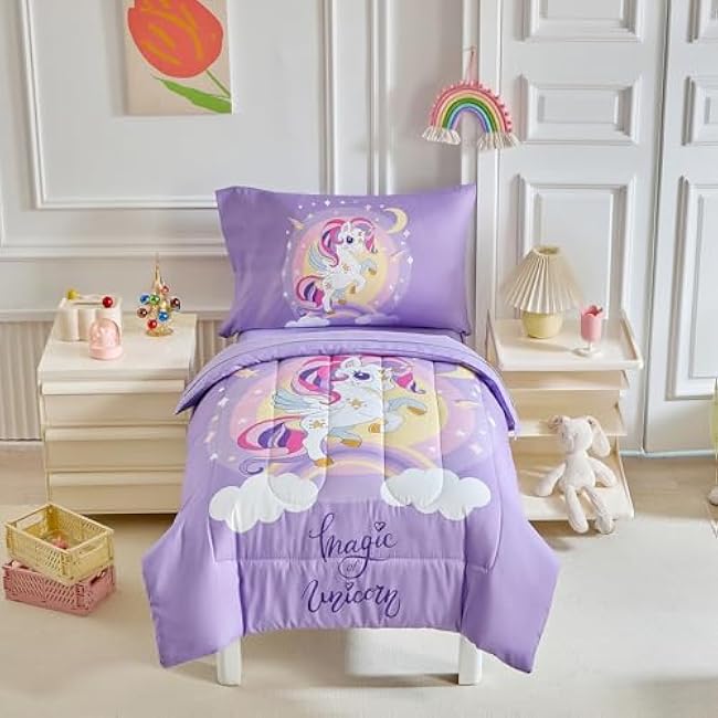 4 Pieces Purple Unicorn Toddler Bedding Set for Girls - Cartoon Stars Rainbow Print Cute Princess Bed in a Bag - Comforter, Fitted Sheet, Flat Sheet, Pillowcase