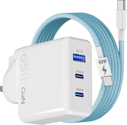 65W Nothing Phone 3a Lite - Pro / 2a Plus/CMF 1-2 Pro / 2a / 2/1 Charger Plug & Cable Multi Port USB-C Power Adapter GaN Super Fast Charger Plug + 60W USB C to C Cable for Nothing Phones (BLUE)